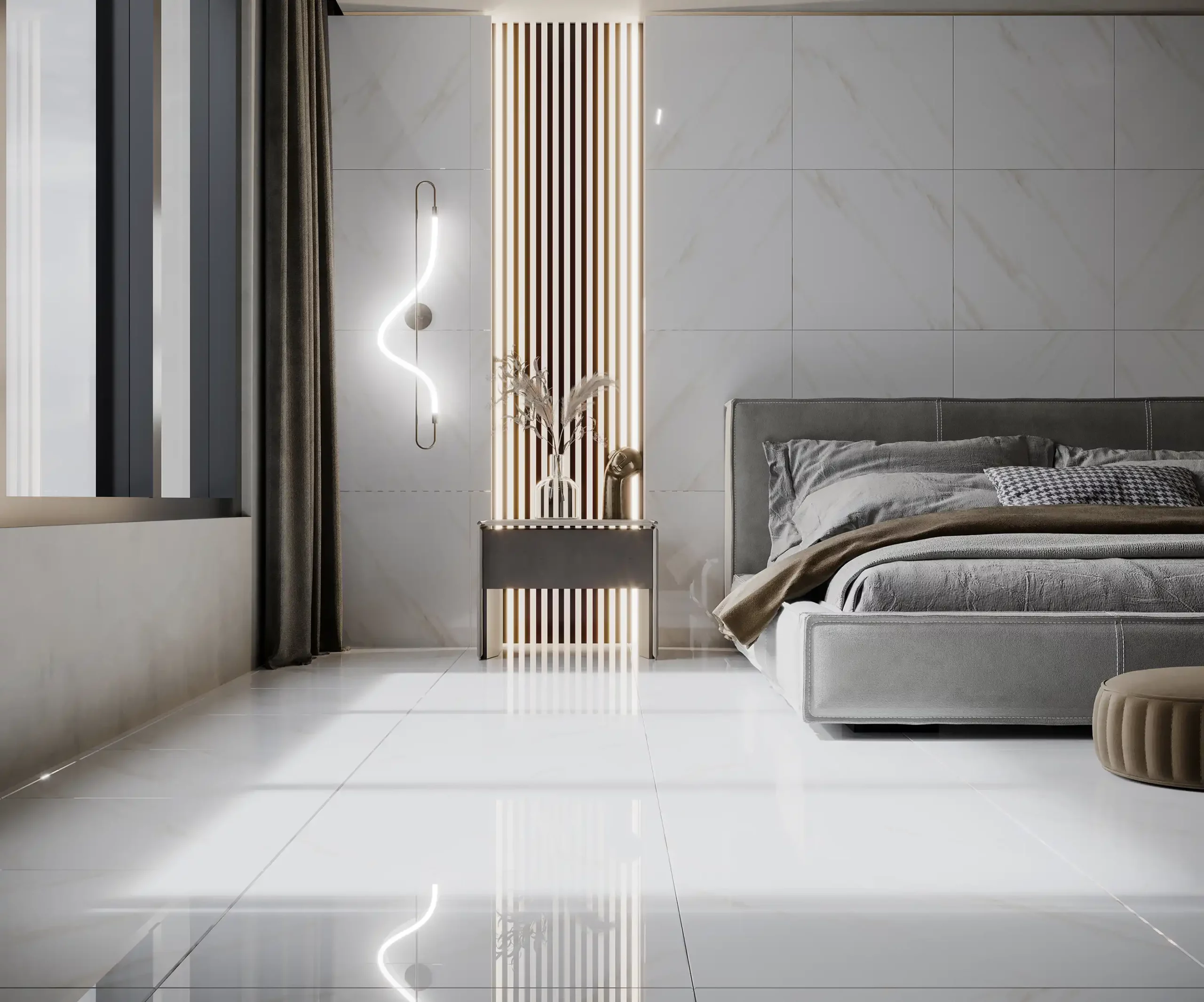 Bedroom with marble effect tiles